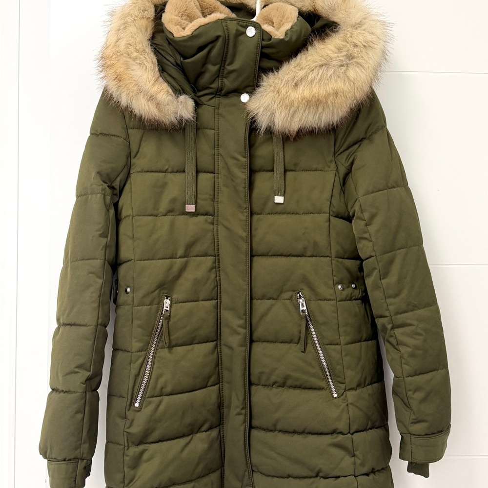 Zara Olive Green Puffer Coat with Fur Hood